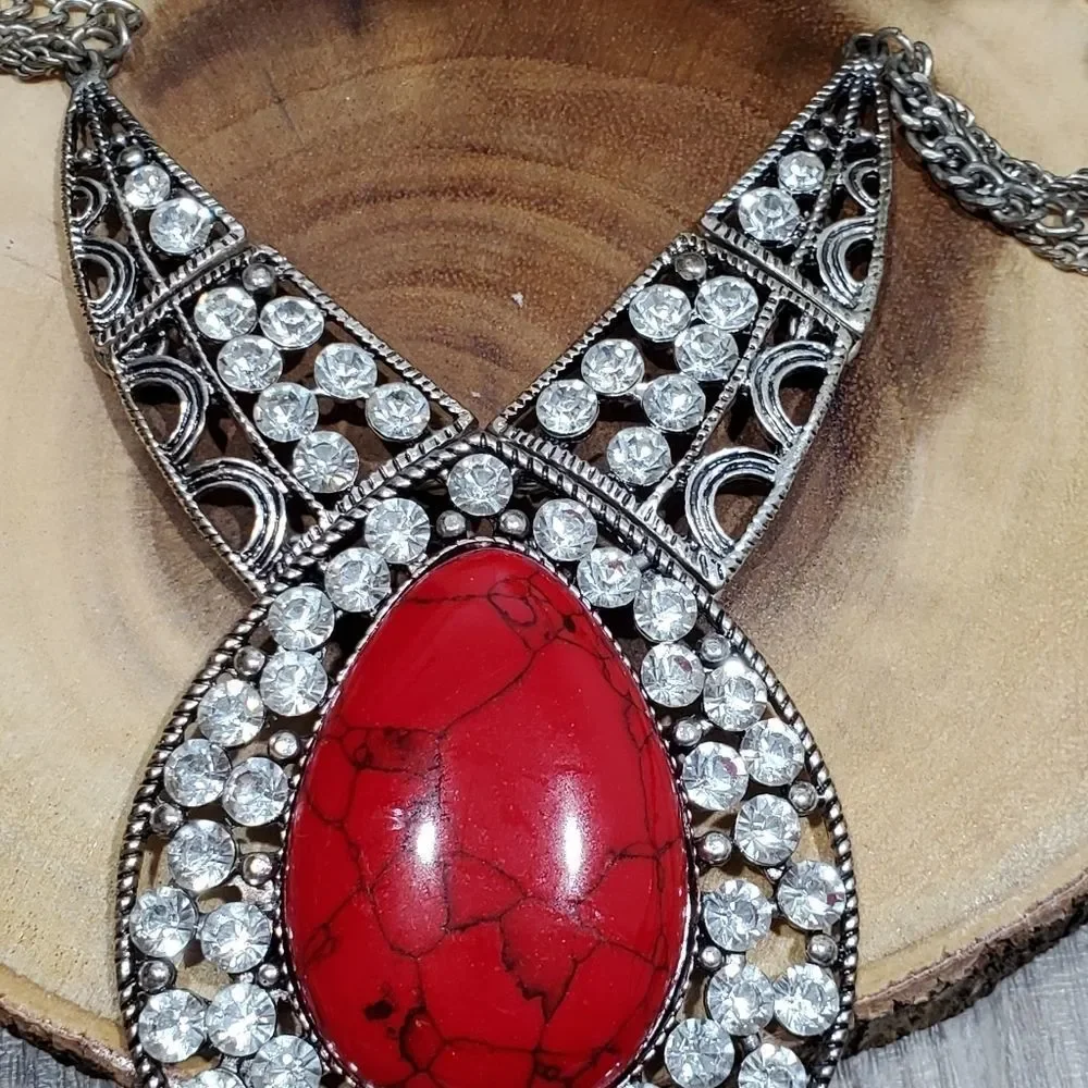 Large red‎ jeweled statement necklace